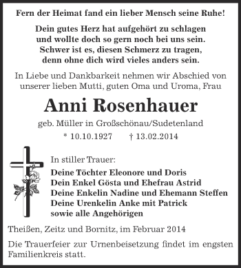 Traueranzeige von Anni Rosenhauer von Super Sonntag Zeitz
