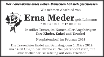 Traueranzeige von Erna Meder von WVG - Wochenspiegel Aschersleben