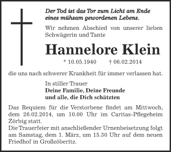 Traueranzeige von Hannelore Klein von WVG - Wochenspiegel Bitterfeld