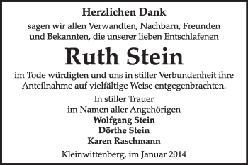 Traueranzeige von Ruth Stein von Super Sonntag Wittenberg