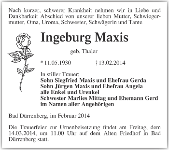 Traueranzeige von Ingeburg Maxis von Super Sonntag Merseburg