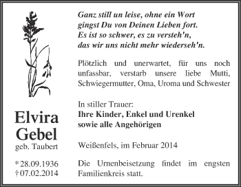 Traueranzeige von Elvira Gebel von WVG - Wochenspiegel NMB / WSF / ZTZ