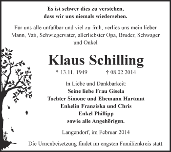 Traueranzeige von Klaus Schilling von WVG - Wochenspiegel NMB / WSF / ZTZ