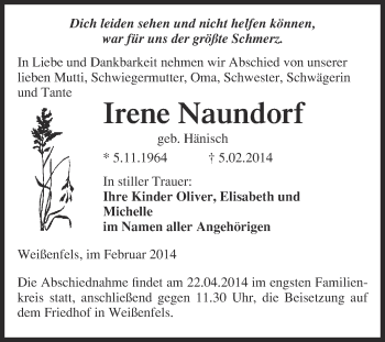 Traueranzeige von Irene Naundorf von WVG - Wochenspiegel NMB / WSF / ZTZ