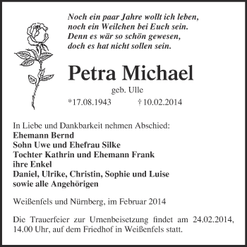 Traueranzeige von Petra Michael von WVG - Wochenspiegel NMB / WSF / ZTZ