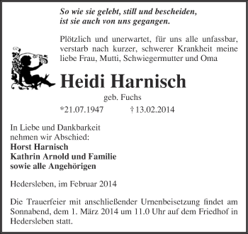 Traueranzeige von Heidi Harnisch von WVG - Wochenspiegel Quedlinburg