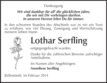 Traueranzeige von Lothar Serfling von WVG - Wochenspiegel Quedlinburg