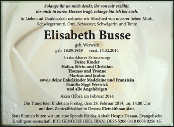 Traueranzeige von Elisabeth Busse von Super Sonntag Dessau / Köthen