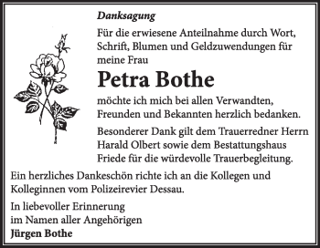 Traueranzeige von Petra Bothe von Super Sonntag Dessau / Köthen