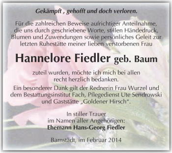Traueranzeige von Hannelore Fiedler von WVG - Wochenspiegel Merseburg