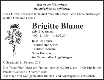Traueranzeige von Brigitte Blume von WVG - Wochenspiegel Merseburg