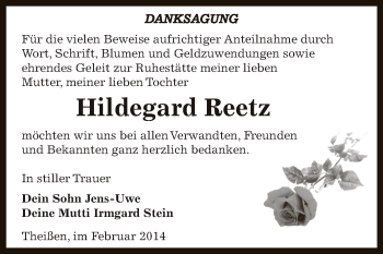 Traueranzeige von Hildegard Reetz von Super Sonntag Zeitz