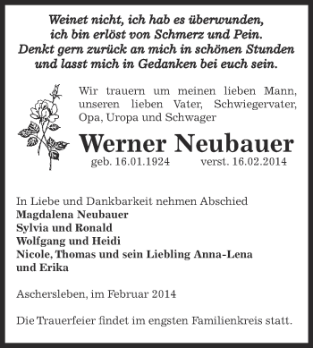 Traueranzeige von Werner Neubauer von WVG - Wochenspiegel Aschersleben
