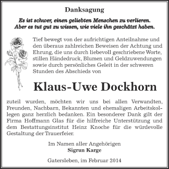 Traueranzeige von Klaus-Uwe Dockhorn von WVG - Wochenspiegel Aschersleben