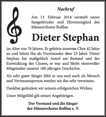 Traueranzeige von Dieter Stephan von Super Sonntag Dessau / Köthen