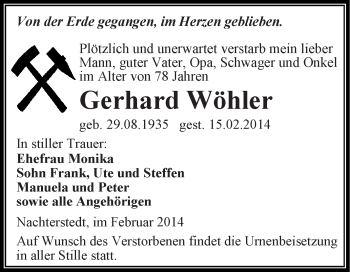 Traueranzeige von Gerhard Wöhler von WVG - Wochenspiegel Aschersleben