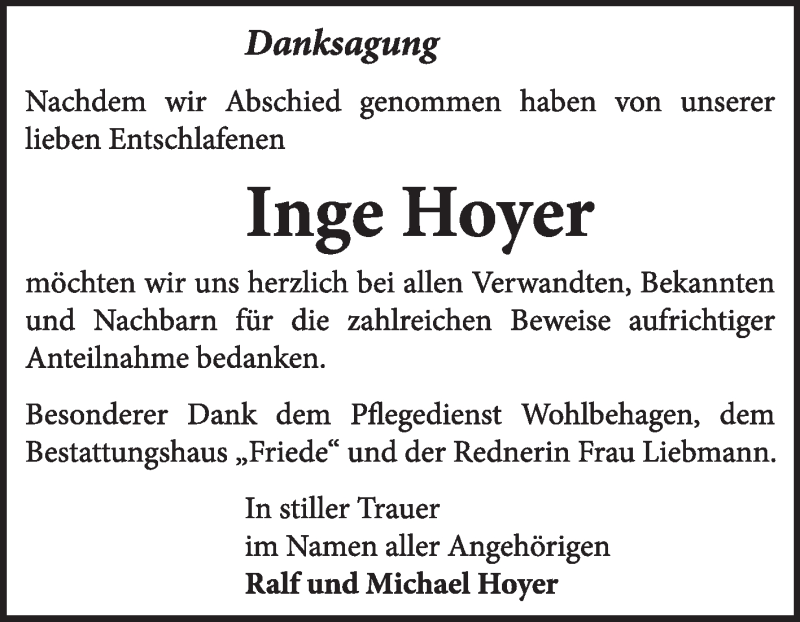  Traueranzeige für Inge Hoyer vom 23.02.2014 aus Super Sonntag Dessau / Köthen