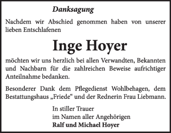 Traueranzeige von Inge Hoyer von Super Sonntag Dessau / Köthen