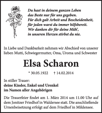 Traueranzeige von Elsa Scharon von Super Sonntag Dessau / Köthen