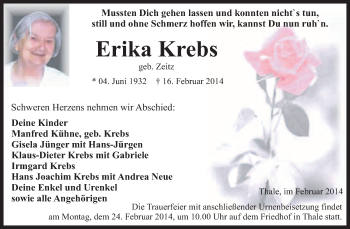 Traueranzeige von Erika Krebs von WVG - Wochenspiegel Quedlinburg