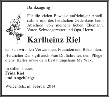 Traueranzeige von Karlheinz Riel von Super Sonntag Merseburg