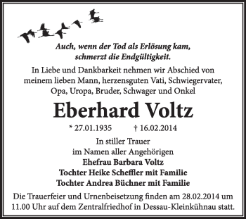 Traueranzeige von Eberhard Voltz von Super Sonntag Dessau / Köthen