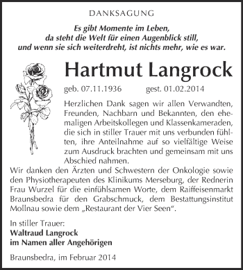 Traueranzeige von Hartmut Langrock von WVG - Wochenspiegel Merseburg