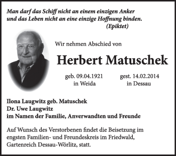 Traueranzeige von Herbert Matuschek von Super Sonntag Dessau / Köthen