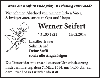 Traueranzeige von Werner Seifert von WVG - Wochenspiegel Wittenberg