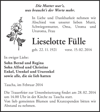 Traueranzeige von Lieselotte Fülle von WVG - Wochenspiegel NMB / WSF / ZTZ