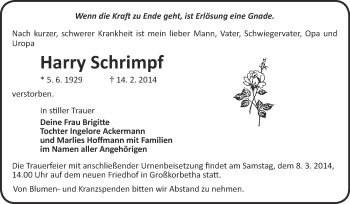 Traueranzeige von Harry Schrimpf von WVG - Wochenspiegel NMB / WSF / ZTZ