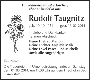 Traueranzeige von Rudolf Taugnitz von WVG - Wochenspiegel NMB / WSF / ZTZ