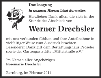 Traueranzeige von Werner Drechsler von Super Sonntag Bernburg