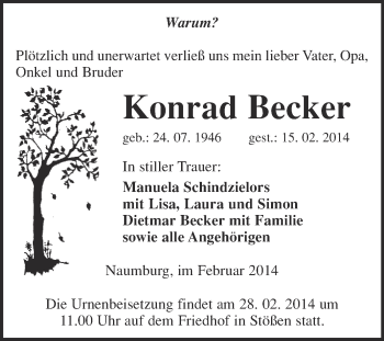 Traueranzeige von Konrad Becker von WVG - Wochenspiegel NMB / WSF / ZTZ