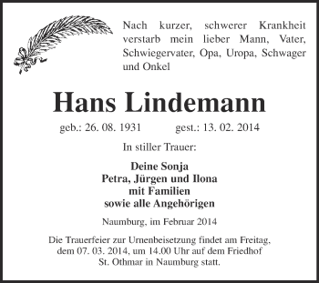 Traueranzeige von Hans Lindemann von WVG - Wochenspiegel NMB / WSF / ZTZ