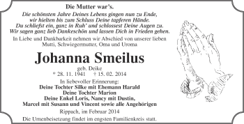 Traueranzeige von Johanna Smeilus von Super Sonntag Merseburg