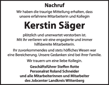 Traueranzeige von Kerstin Säger von Super Sonntag Wittenberg