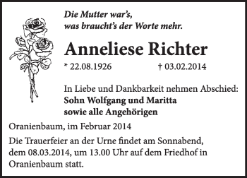 Traueranzeige von Anneliese Richter von WVG - Wochenspiegel Wittenberg