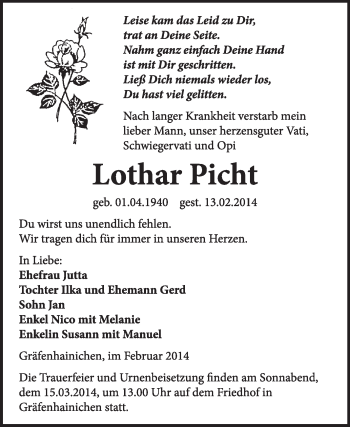 Traueranzeige von Lothar Picht von WVG - Wochenspiegel Wittenberg