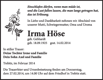 Traueranzeige von Irma Höse von WVG - Wochenspiegel Wittenberg