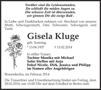 Traueranzeige von Gisela Kluge von WVG - Wochenspiegel Merseburg