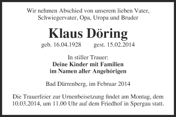 Traueranzeige von Klaus Döring von Super Sonntag Merseburg