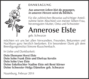 Traueranzeige von Annerose Elste von WVG - Wochenspiegel NMB / WSF / ZTZ
