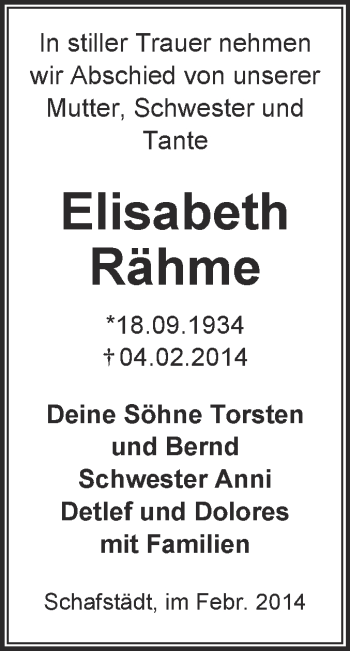 Traueranzeige von Elisabeth Rähme von Super Sonntag Merseburg
