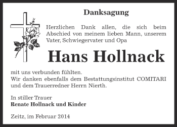 Traueranzeige von Hans Hollnack von Super Sonntag Zeitz