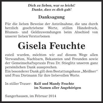 Traueranzeige von Gisela Feuchte von WVG - Wochenspiegel SGH