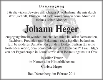 Traueranzeige von Johann Heger von Super Sonntag Merseburg