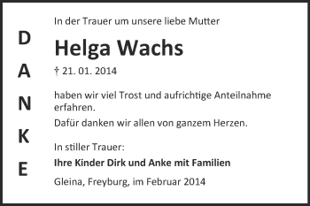 Traueranzeige von Helga Wachs von WVG - Wochenspiegel NMB / WSF / ZTZ