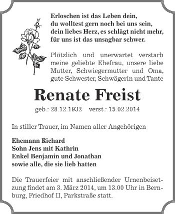 Traueranzeige von Renate Freist von Super Sonntag Bernburg