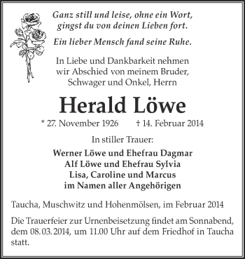 Traueranzeige von Herald Löwe von WVG - Wochenspiegel NMB / WSF / ZTZ